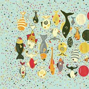 2024 Calendar Fish School, folk art, multi-color, on light tourqoise, tea towel