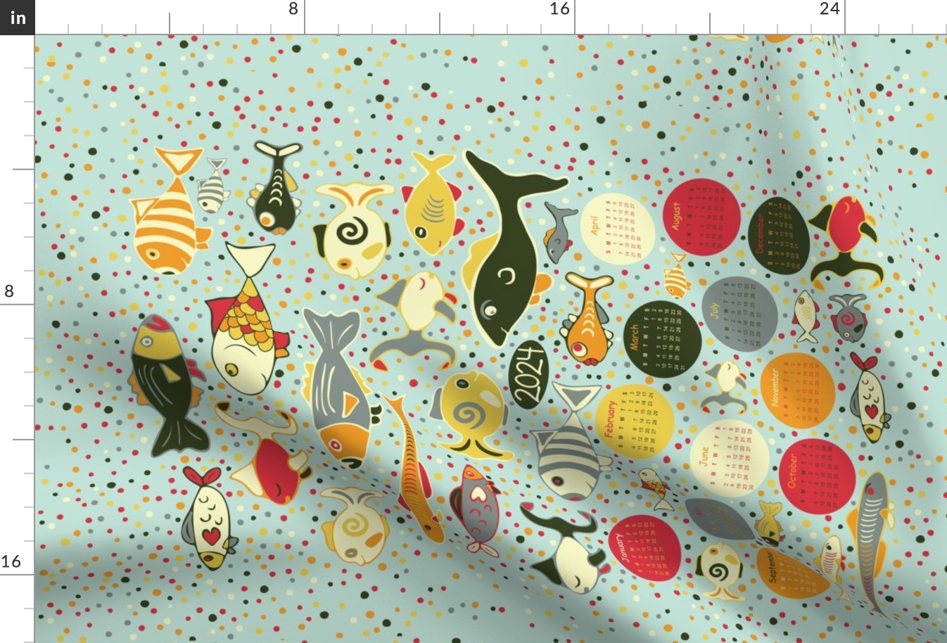 2024 Calendar Fish School, folk art, multi-color, on light tourqoise, tea towel