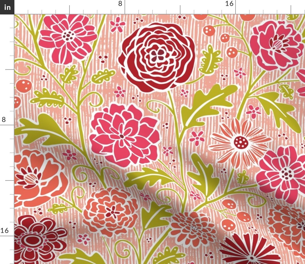 Green and Pink Floral Stripes // Pink // Large