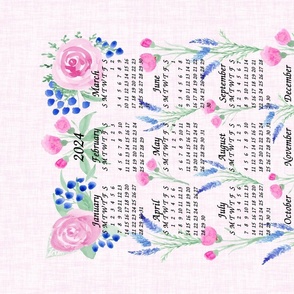 2024 Calendar Roses, Carnations, Lavender and Berries on Pale Pink Linen Texture