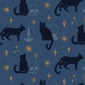 Black Cat Familiars in the Witch's Workshop - Twilight Blue