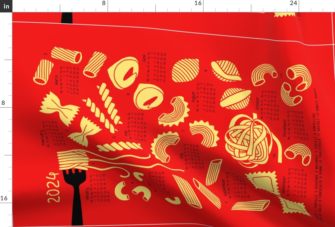 Pasta Tea Towel Calendar 2024 red