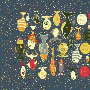2024 Calendar Fish School, folk art, multi-color, on Deep Sea Blue, tea towel