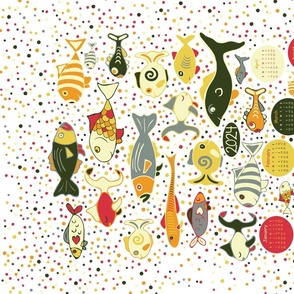 2024 Calendar Fish School, folk art, multi-color, on bright white, tea towel