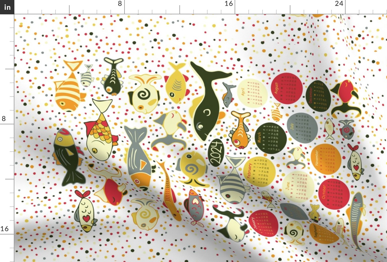 2024 Calendar Fish School, folk art, multi-color, on bright white, tea towel