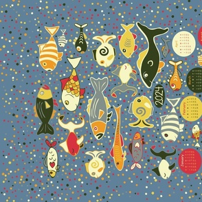 2024 Calendar Fish School, folk art, multi-color, on Sea Blue, tea towel