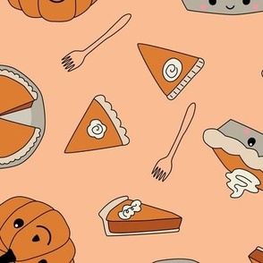 Pumpkin Pies, slices, forks on orange - 3  inch