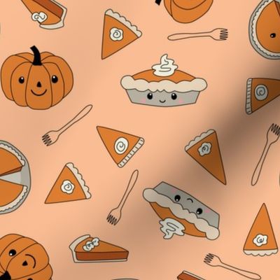 Pumpkin Pies, slices, forks on orange - 2  inch