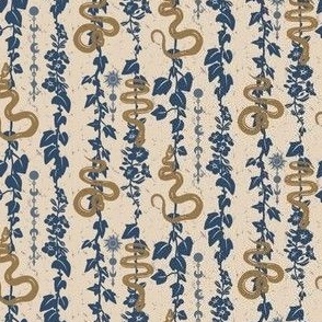 Snakes Hidden Among Flowering Vines - Gold and Navy Blue