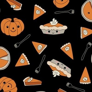 Pumpkin Pies, slices, forks on black - 2 inch