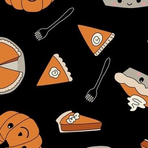 Pumpkin Pies, slices, forks on black - 3 inch