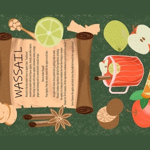 Towel with wassail recipe and illustrations of ingredients: lemon, orange, cinnamon, ginger, nutmeg