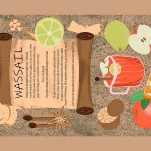   Towel with wassail recipe and illustrations of ingredients: lemon, orange, cinnamon, ginger, nutmeg on a beige