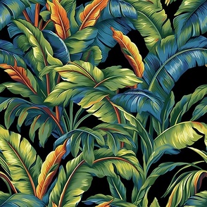 Banana Tropicana – Blue/Orange on Black Wallpaper 