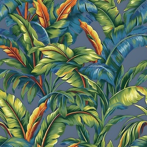 Banana Tropicana – Blue/Orange on Chambray Blue Wallpaper 