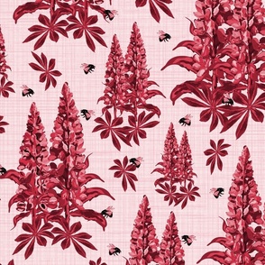 Monochrome Flowers and Bumblebees, Busy Bees on Lupine Lupin Floral Pattern on Cherry Red Pink Textured Linen
