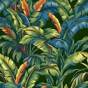 Banana Tropicana – Blue/Orange on Forest Green Wallpaper 