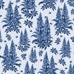 Monochrome Blue Flowers and Bumblebees, Flying Bees on Blue Lupine Lupin Floral Pattern on Navy Blue Textured Linen