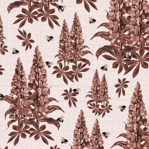Bumblebees and Flowers, Majestic Flying Bees on Lupine Lupin Floral Pattern on Chocolate Brown Textured Linen