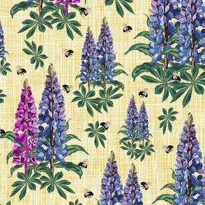 Flowers and Bumblebees on Lemon Linen Texture, Majestic Flying Bees on Purple Lupine Pink Lupin Floral Pattern