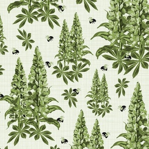 Flowers and Bees, Majestic Flying Bumblebees on Lupine Lupin Floral Pattern on Textured Green and White Monochrome