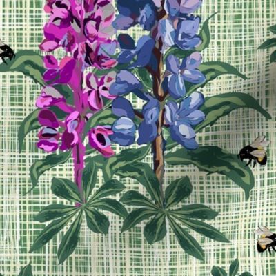 Bees & Flowers on Cottage Garden Green Linen Texture, Flying Bumblebees on Purple Lupine Pink Lupin Floral Pattern