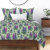 Bees & Flowers on Cottage Garden Green Linen Texture, Flying Bumblebees on Purple Lupine Pink Lupin Floral Pattern
