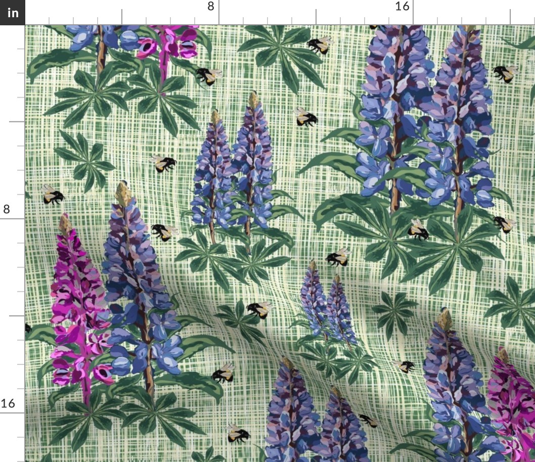 Bees & Flowers on Cottage Garden Green Linen Texture, Flying Bumblebees on Purple Lupine Pink Lupin Floral Pattern