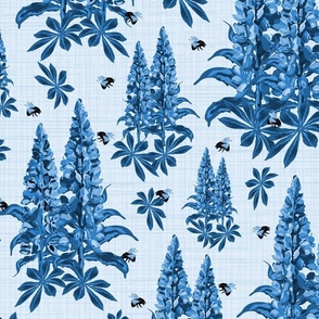 Bees & Flowers on Cottage Garden Blue Linen Texture, Flying Bumblebees on Lupine Lupin Floral Monochrome Pattern