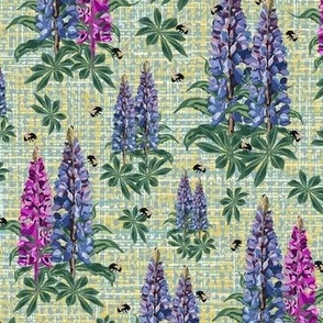 Flowers and Bees on Yellow Summer Tweed Texture, Natures Bumblebees Flying on Purple Lupine Pink Lupin Floral Pattern