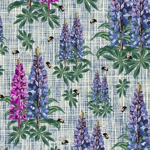Flowers and Bees on Faux Linen Tweed Texture, Natures Bumblebees Flying on Purple Lupine Pink Lupin Floral Pattern