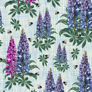 Botanic Garden Pollinators Flowers and Bees, Bumblebee Pollinators on Purple Lupine Pink Lupin Floral Pattern