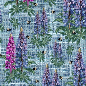 Cottage Garden Pollinators Flowers and Bees, Bumblebee Pollinators on Purple Lupine Pink Lupin Floral Texture Pattern