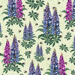Luxe Floral Summer Wildflowers, Flying Bumble Bee Pollinators, Bumblebee on Purple Lupine Pink Lupin Floral Texture Pattern, Jewel Toned Botanical Garden Flowers, Wildflower Countryside Floral Design, Yellow Black Buzzy Bees Floral Illustration