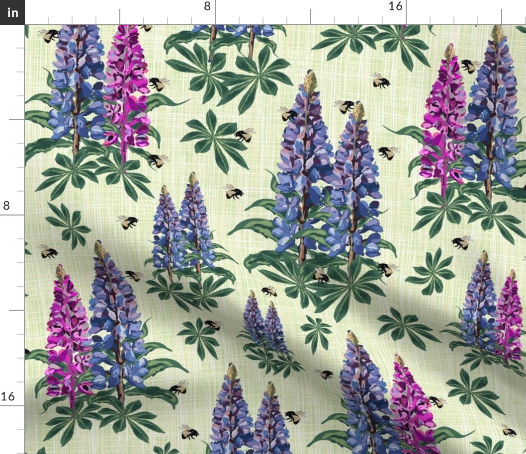 Luxe Floral Summer Wildflowers, Flying Bumble Bee Pollinators, Bumblebee on Purple Lupine Pink Lupin Floral Texture Pattern, Jewel Toned Botanical Garden Flowers, Wildflower Countryside Floral Design, Yellow Black Buzzy Bees Floral Illustration