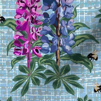 Cottagecore Floral Bee Pollinators, Bumblebee on Purple Lupine Pink Lupin Flower Texture Pattern