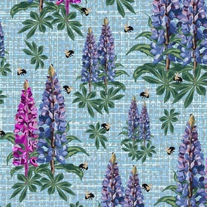 Cottagecore Floral Bee Pollinators, Bumblebee on Purple Lupine Pink Lupin Flower Texture Pattern
