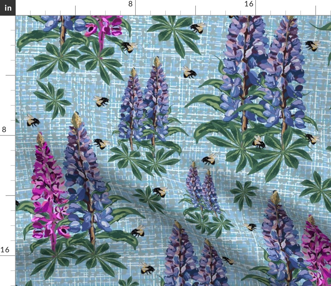 Cottagecore Floral Bee Pollinators, Bumblebee on Purple Lupine Pink Lupin Flower Texture Pattern