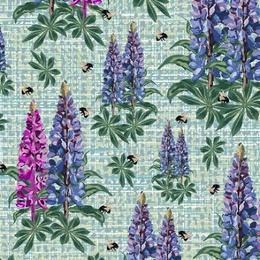 Blue Cottagecore Floral Bee Pollinators, Bumblebee on Purple Lupine Pink Lupin Flower Texture Pattern