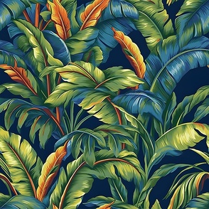 Banana Tropicana – Blue/Orange on Navy Wallpaper 