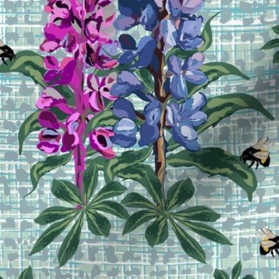 Flowers and Bumblebees, Majestic Flying Bees on Purple Lupine Pink Lupin Floral Pattern on Textured Look Blue White Tweed
