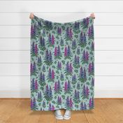 Flowers and Bumblebees, Majestic Flying Bees on Purple Lupine Pink Lupin Floral Pattern on Textured Look Blue White Tweed