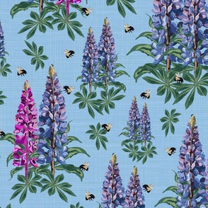 Colorful Garden Flowers and Bees, Bumblebee Pollinators on Purple Lupine Pink Lupin Floral Pattern