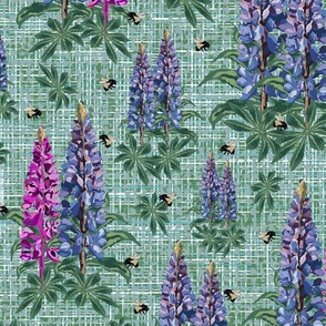 Happy Summer Garden Flowers and Bee Pollinators, Bumblebee on Purple Lupine Pink Lupin Floral Texture Pattern