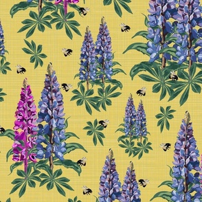 Bumblebees on Lemon Linen Texture, Cottage Floral Garden Flowers, Majestic Flying Bees on Purple Lupine Pink Lupin Floral Pattern