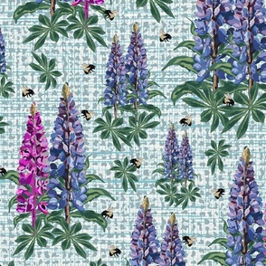  Botanical Blue Garden Flowers and Bee Pollinators, Bumblebee on Purple Lupine Pink Lupin Floral Texture Pattern