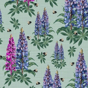 Bees and Flowers on Cottage Garden Muted Teal Linen Texture, Flying Bumblebees on Purple Lupine Pink Lupin Floral Pattern (Large Scale)
