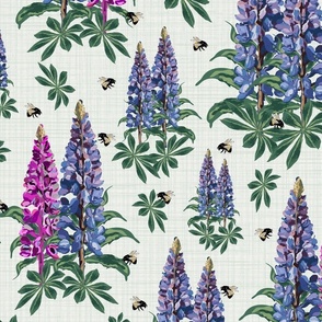 Vintage Botanical Garden Flowers and Bee Pollinators, Bumblebee on Purple Lupine Pink Lupin Floral Texture Pattern, Pink Purple Sweet Summer Meadow Flowers, Wildflowers and Greenery, Bumble Bee Haven, Nectar Collecting Insects, Yellow Black Busy Bumble Be