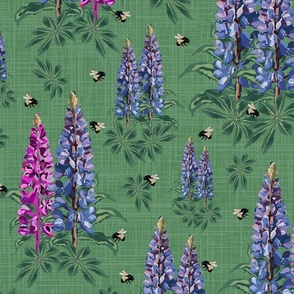 Botanic Garden Flowers and Bees, Bumblebee Pollinators on Purple Lupine Pink Lupin Floral Pattern