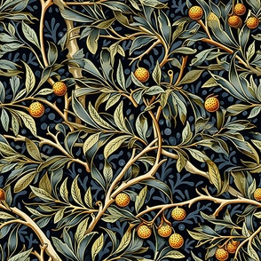 Fruit of Jesse's Tree - Green/Orange on Black Wallpaper - New 